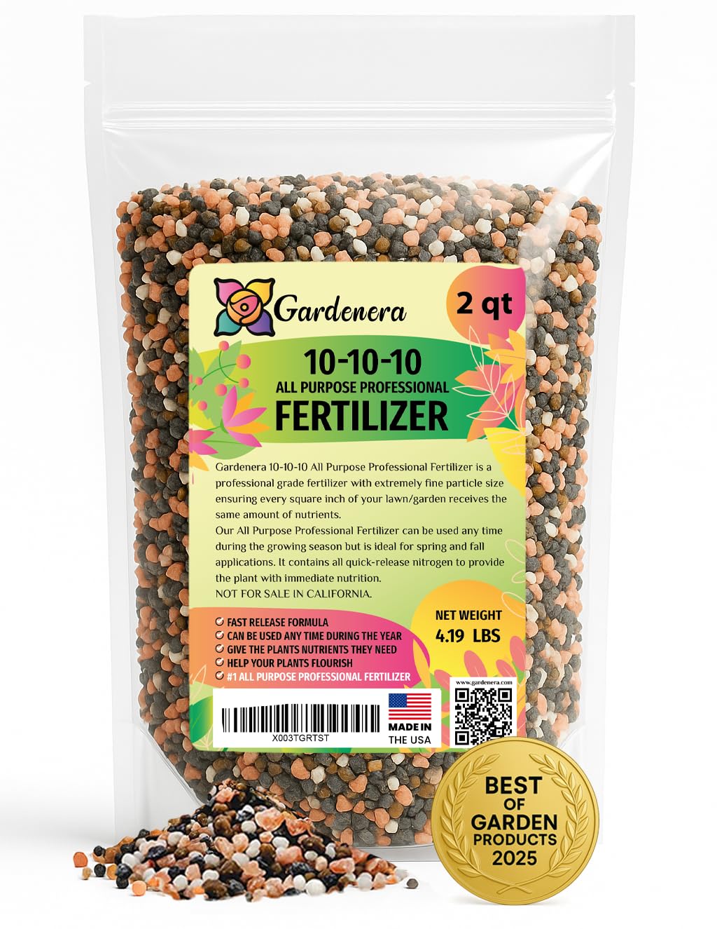 Gardenera 10-10-10 fertilizer bag showing balanced nutrition for lawns and gardens.