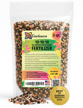 Gardenera 10-10-10 fertilizer bag showing balanced nutrition for lawns and gardens.