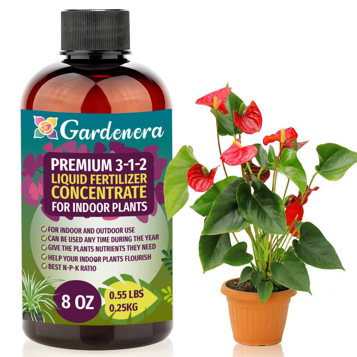 Gardenera 3-1-2 liquid fertilizer bottle boosting indoor plant foliage