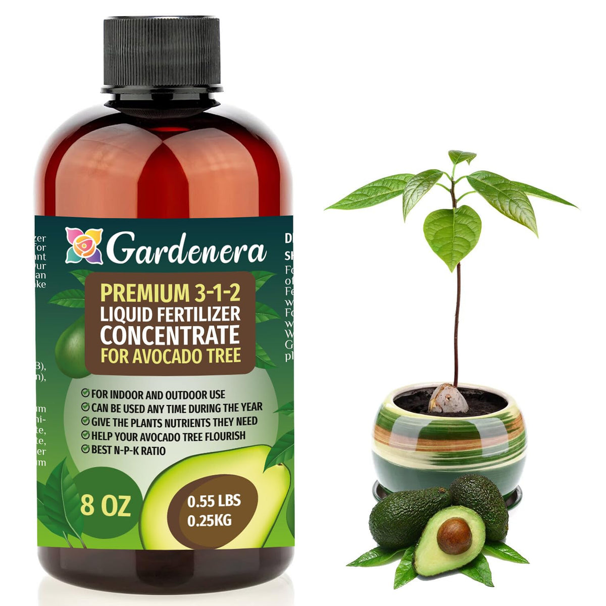 Gardenera 3-1-2 fertilizer bottle close-up for vibrant indoor avocado foliage