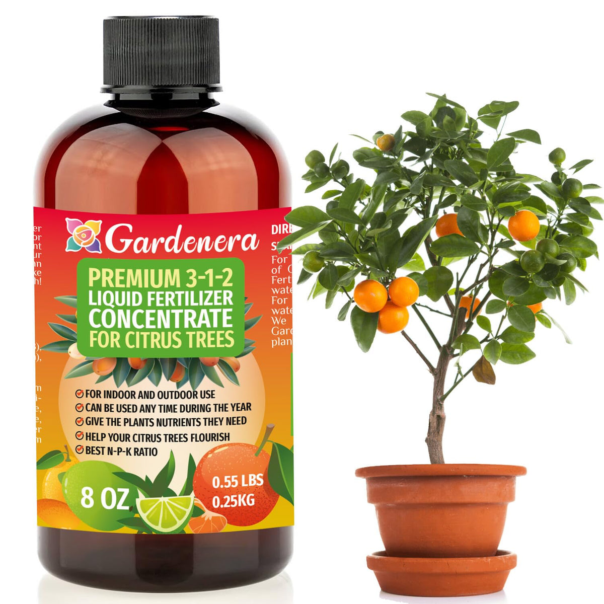 Gardenera 3-1-2 citrus fertilizer bottle for indoor feeding boosts lush growth.