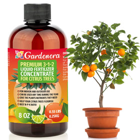 Gardenera 3-1-2 citrus fertilizer bottle for indoor feeding boosts lush growth.