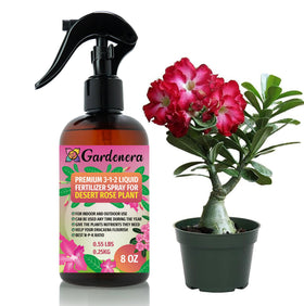 Gardenera Desert Rose spray bottle applying a gentle fertilizer mist for vibrant blooms.