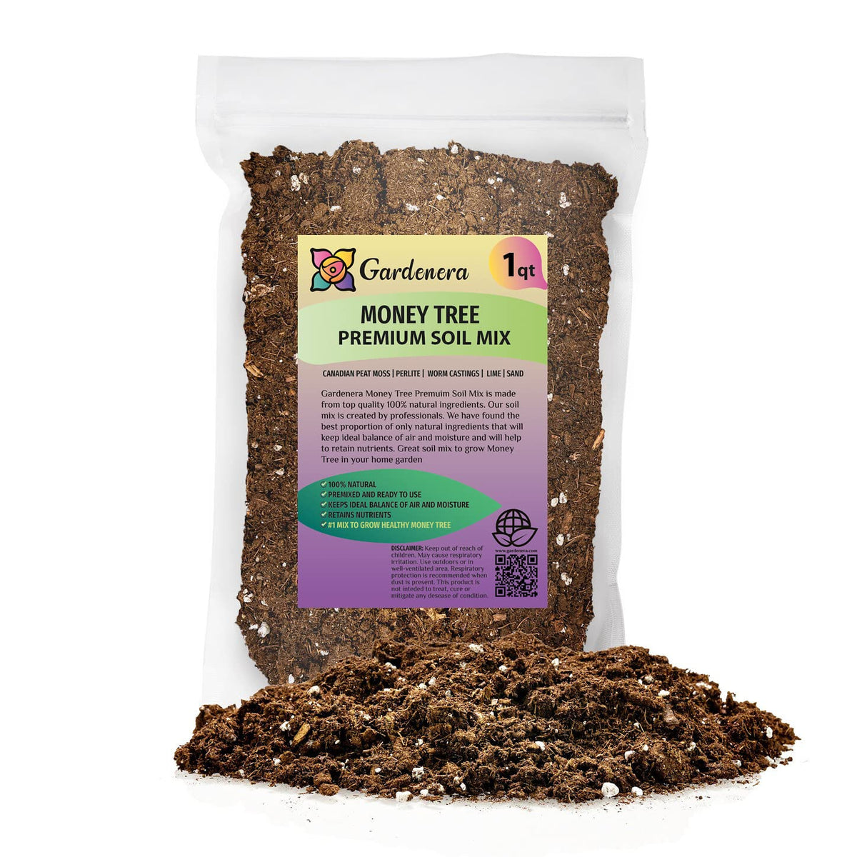 Gardenera Money Tree Soil Mix label close-up, premium natural ingredients highlighted for growth