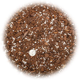 Close-up of Gardenera soil texture highlighting bark, perlite, and coco coir