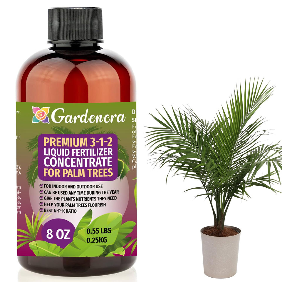 Gardenera palm fertilizer bottle (8oz) ready for mixing to boost indoor palm health.
