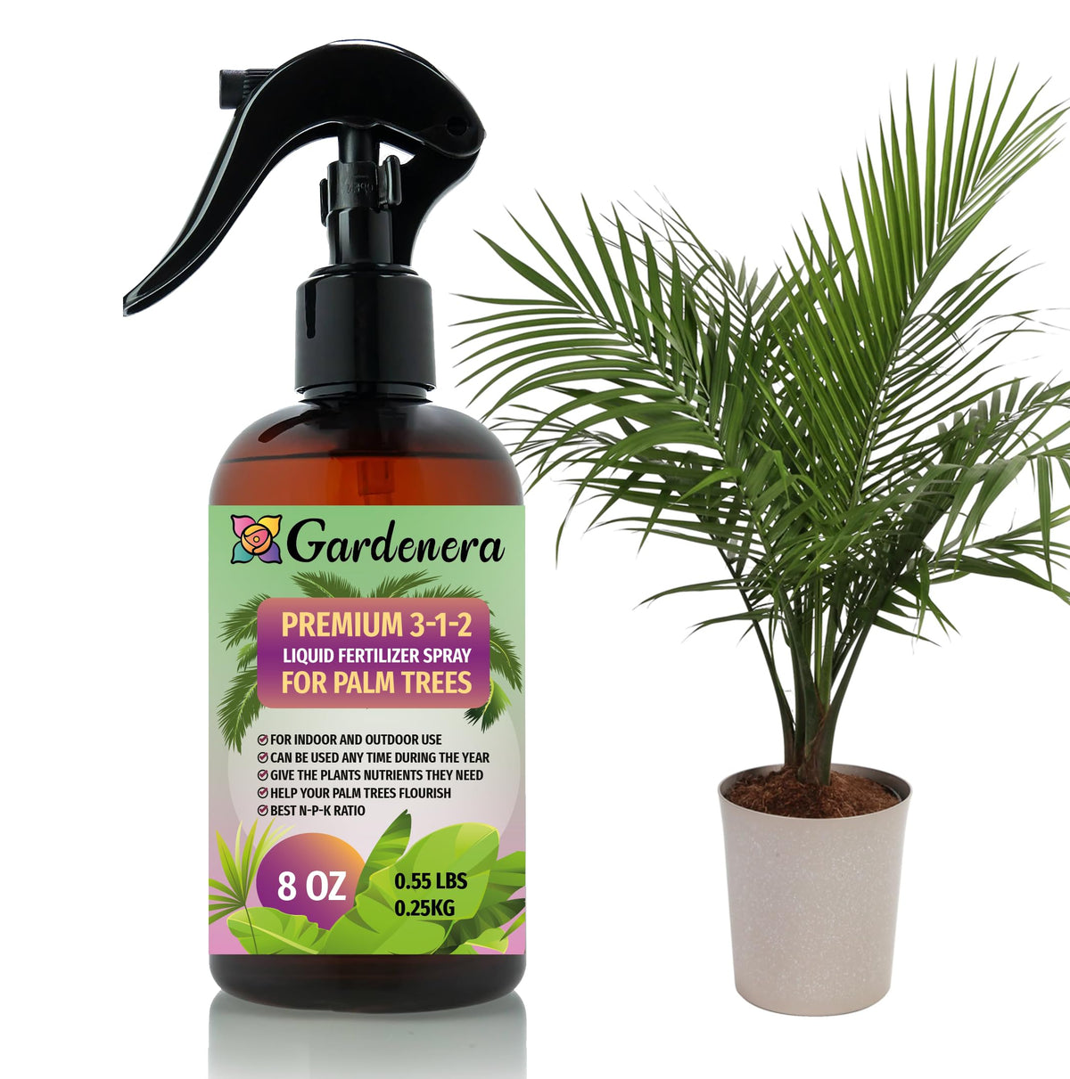 Gardenera palm tree spray bottle delivering gentle fertilizer mist for healthy fronds.