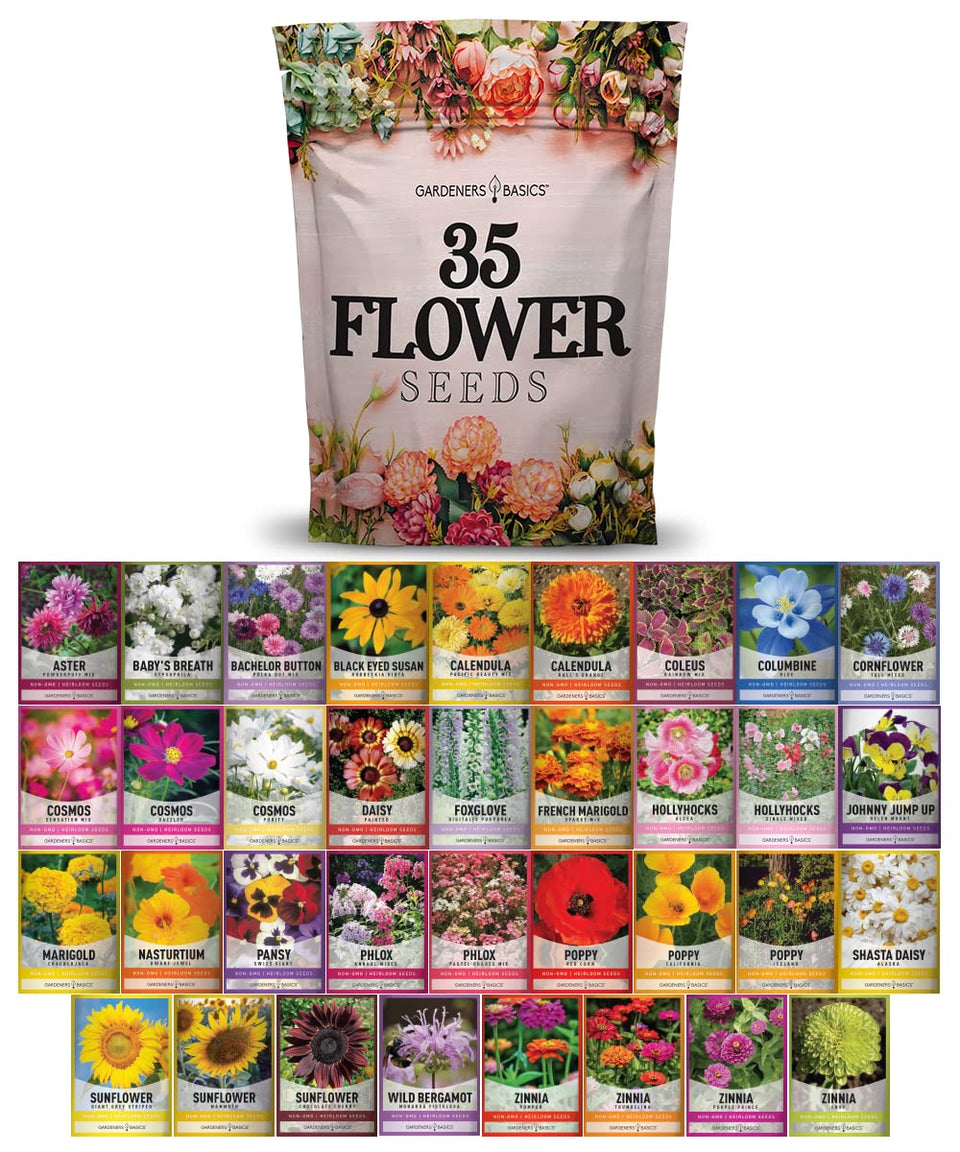 Gardeners Basics flower seeds seed packets in a colorful variety for a pollinator-friendly garden.