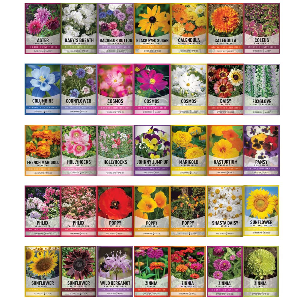 Seed packets with growing instructions from Gardeners Basics for easy planting planning.
