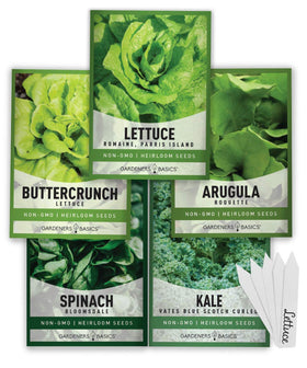 Gardeners Basics seed packets showcase five greens for year-round gardening.