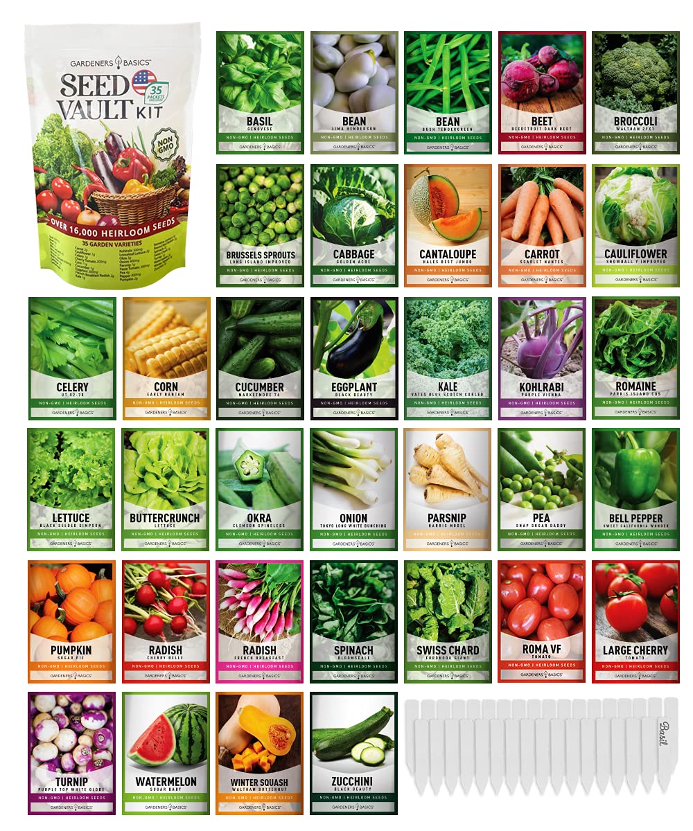 Gardeners Basics Survival Seeds Kit cover image, complete home garden starter.