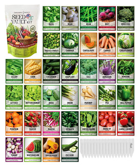Gardeners Basics Survival Seeds Kit cover image, complete home garden starter.