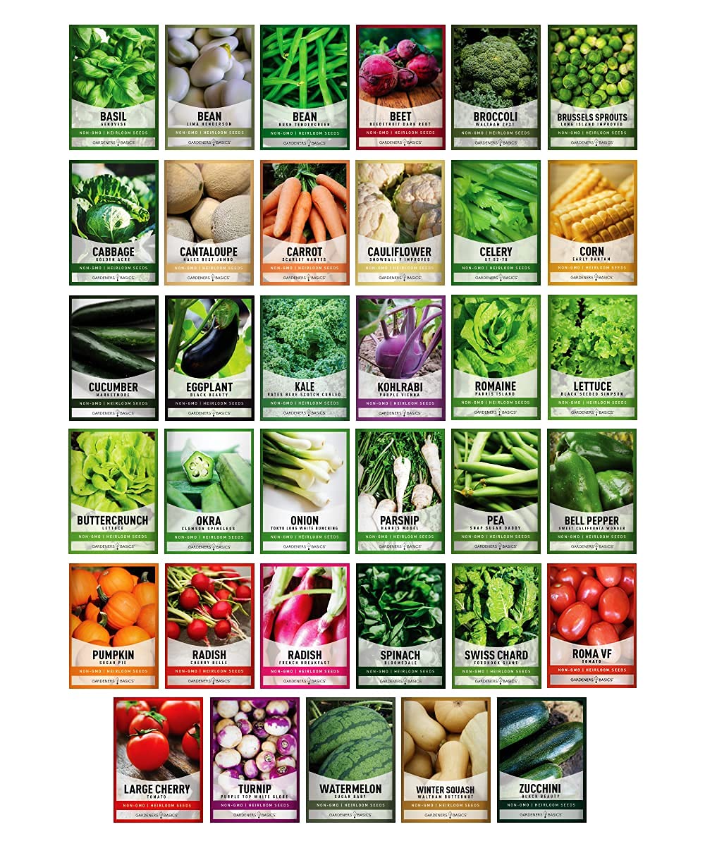 Gardeners Basics Survival Seeds Kit packets displayed, easy planting with heirloom varieties.