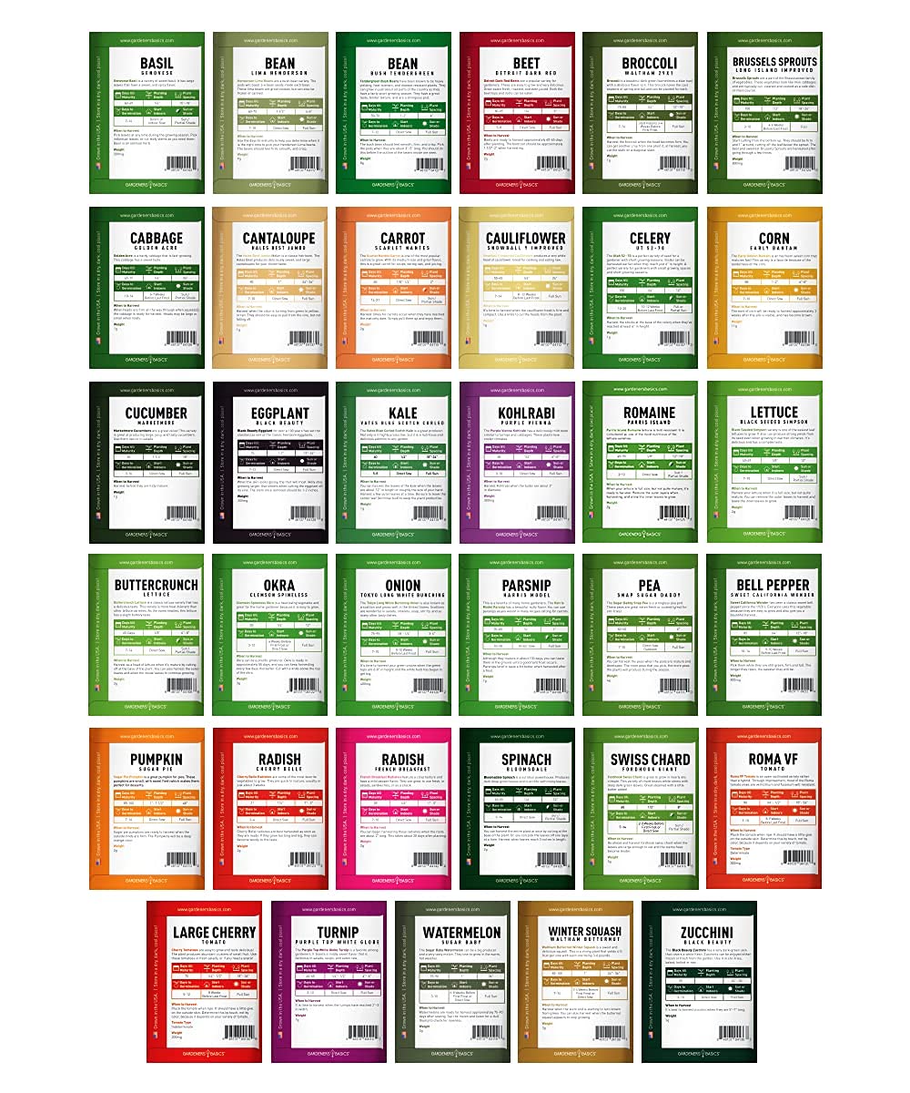 Gardeners Basics Survival Seeds Kit varieties layout showcasing 35 options for your garden.