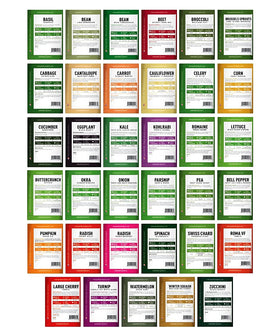 Gardeners Basics Survival Seeds Kit varieties layout showcasing 35 options for your garden.