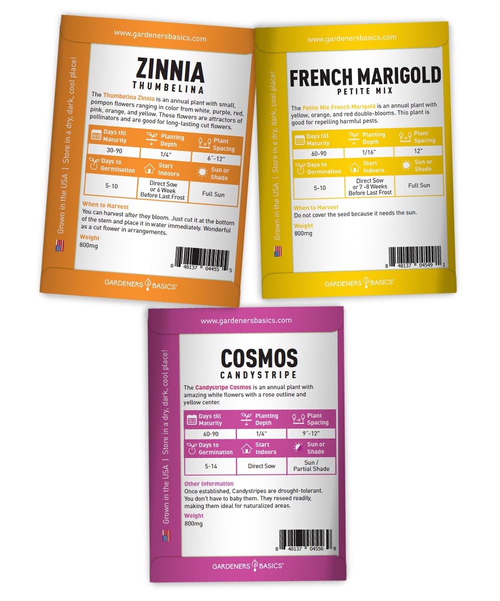 Gardeners Basics Thumbelina Zinnia seed packet for vibrant cut flowers.