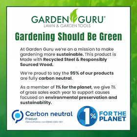 Garden Guru Eco Dandelion Weeder uses 100% recycled stainless steel for sustainable gardening.