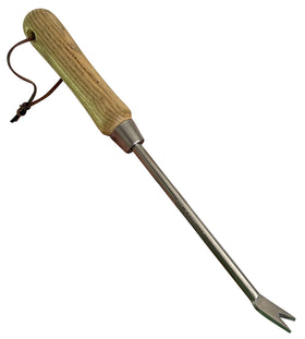 Garden Guru Eco Dandelion Weeder with wood handle for precise weed root removal in lawns.
