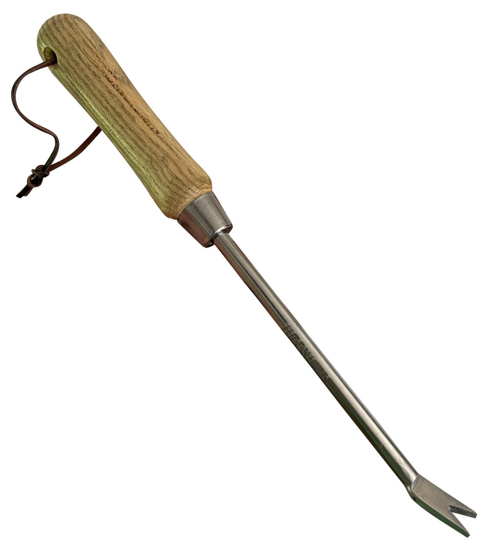 Garden Guru Eco Dandelion Weeder with wood handle for precise weed root removal in lawns.