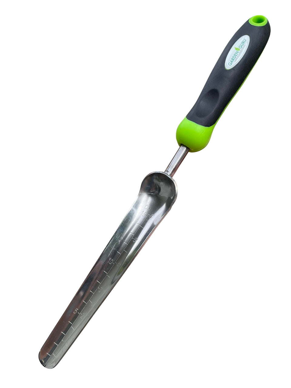 Garden Guru seed planting shovel with narrow edge for precise sowing in tight spaces.