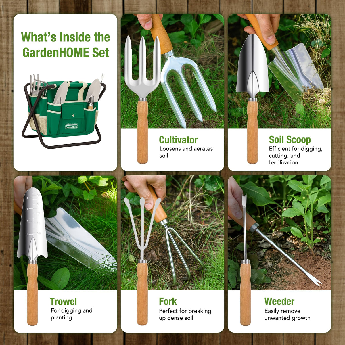 GardenHOME wooden handles provide comfortable grip during extended gardening