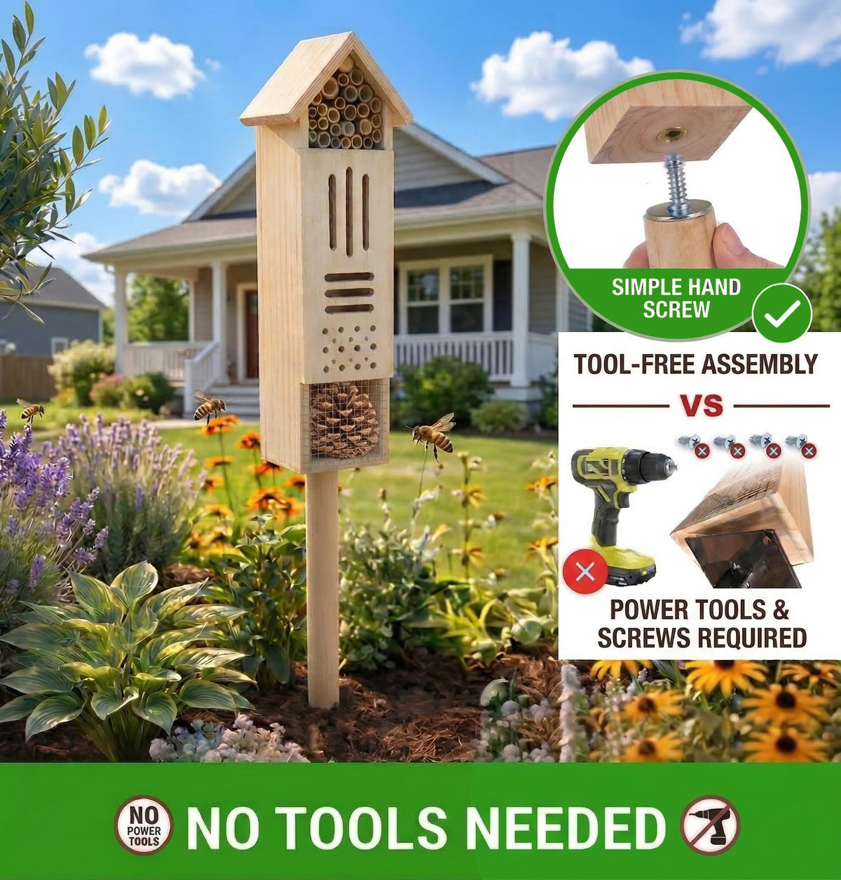 GardeningProducts4Less wooden insect house compartment closeup highlights varied insect spaces for different species