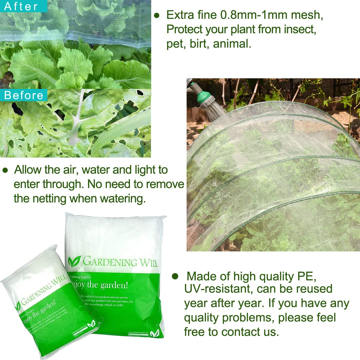 Gardeningwill fine mesh insect netting guards vegetables and fruits.