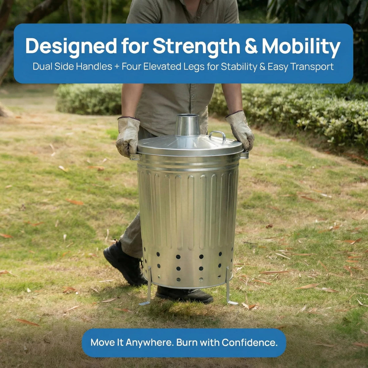 Gardenised chimney-style lid improves airflow and steadier flames for quicker burn.
