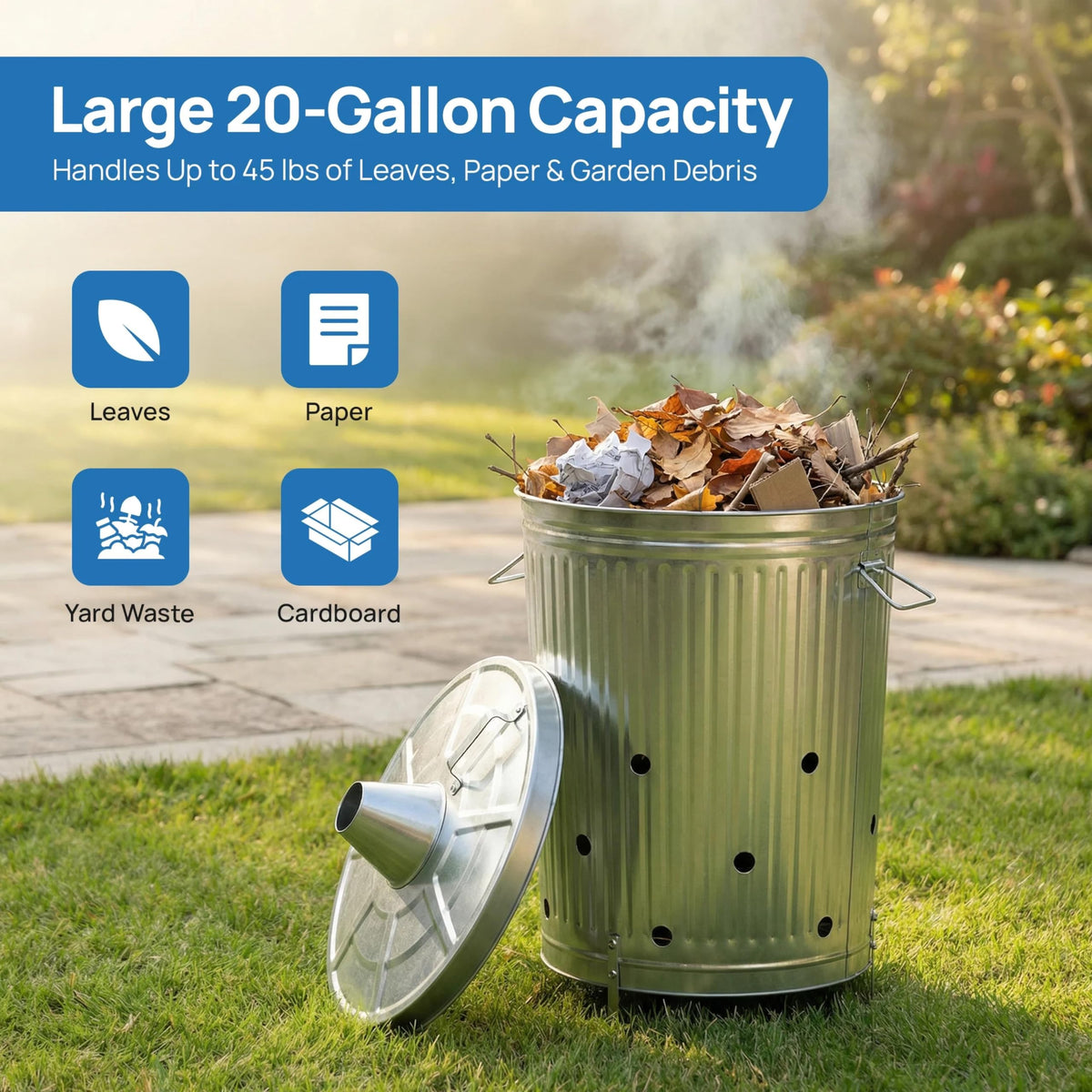 Gardenised incinerator with four elevated legs promoting airflow and reduced fumes