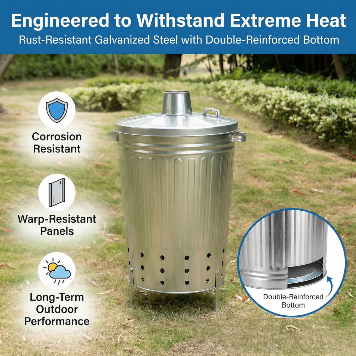 Gardenised raised-legs incinerator offers stable placement and better airflow for efficient burning.
