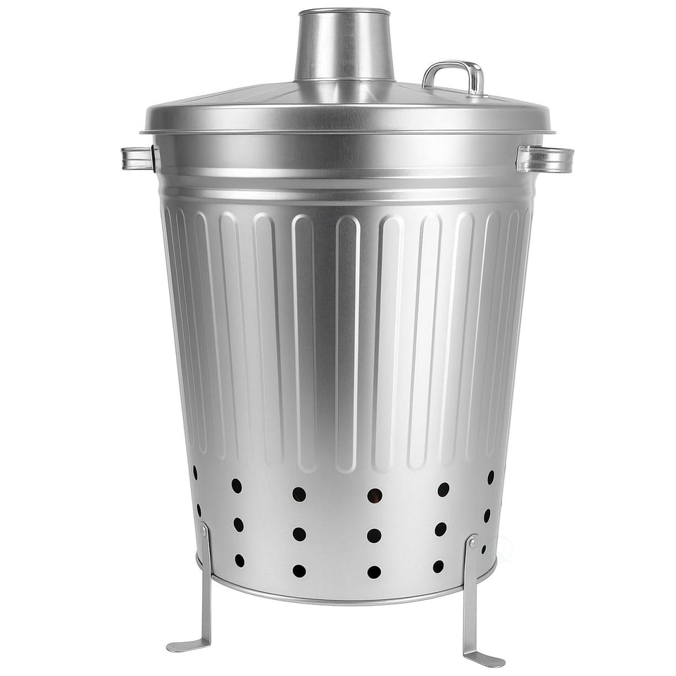 Gardenised silver galvanized incinerator with lid ventilation helps control smoke around seating areas.