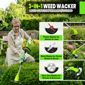 GardenJoy cordless grass trimmer on stand for stable setup