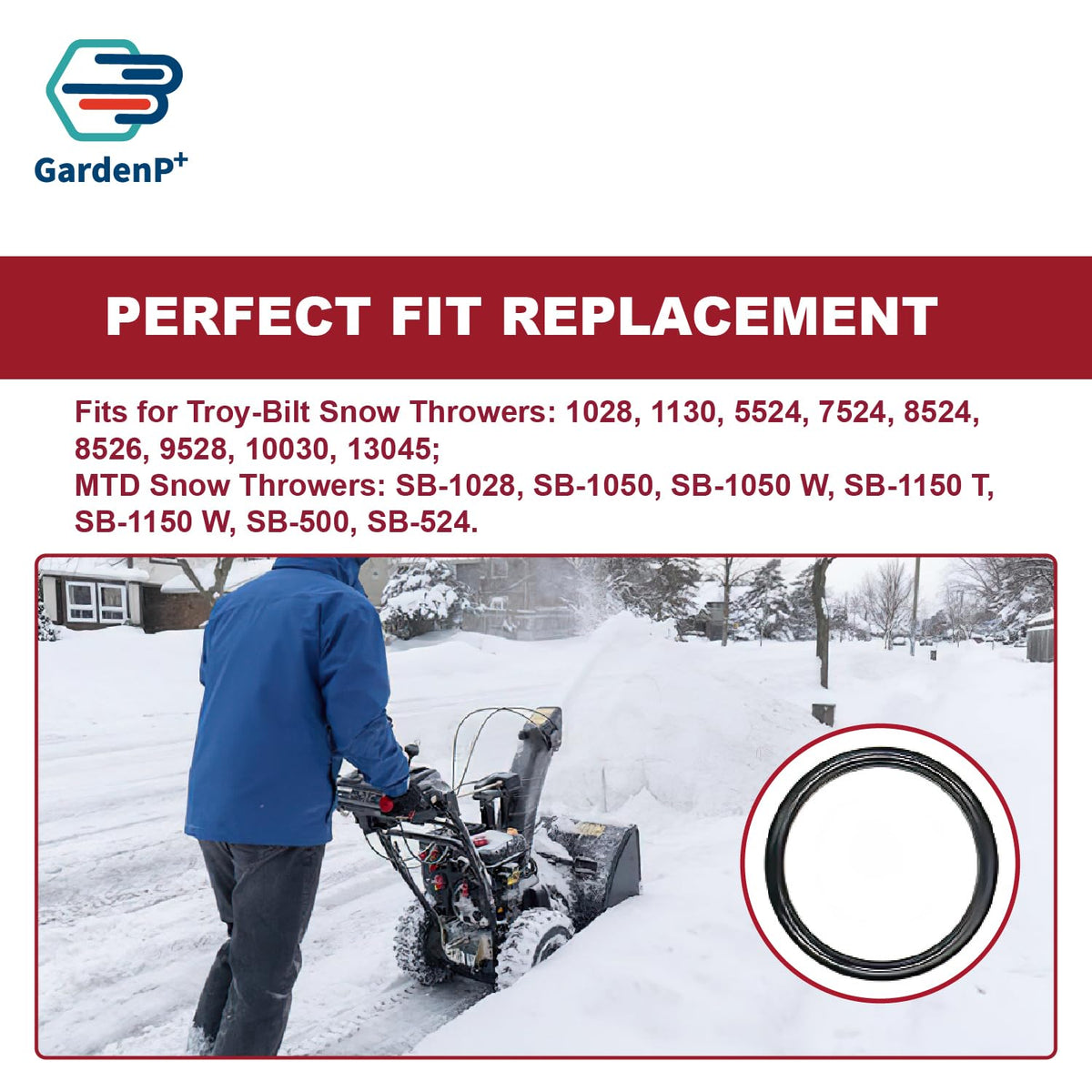 GardenP+ friction wheel side view demonstrates compatibility with multiple snow blowers.
