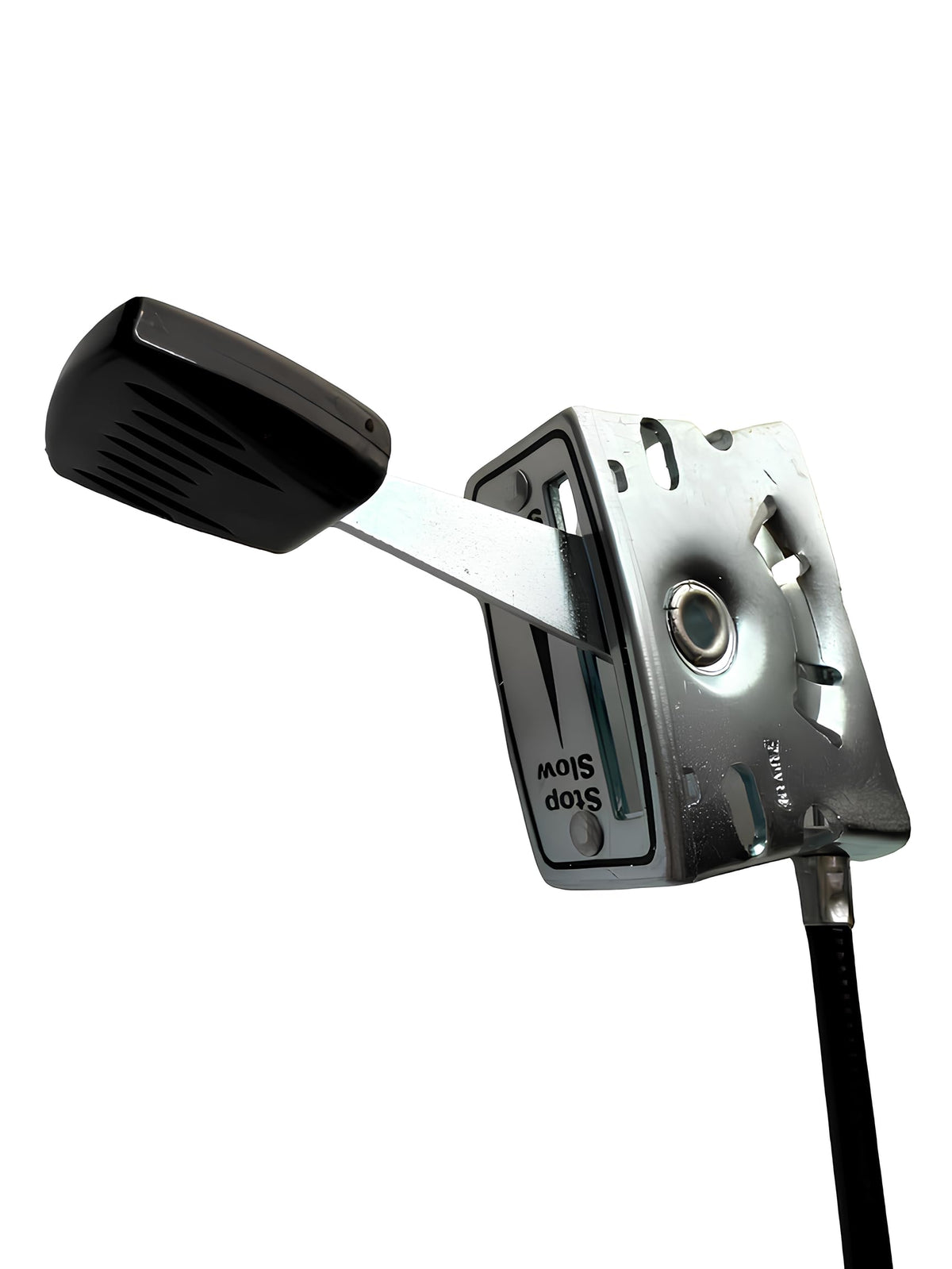 GardenP+ universal throttle cable mounted to a mower, indicating broad compatibility.