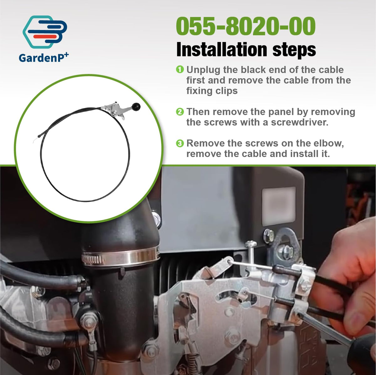 GardenP+ ready-to-install throttle cable with clear packaging