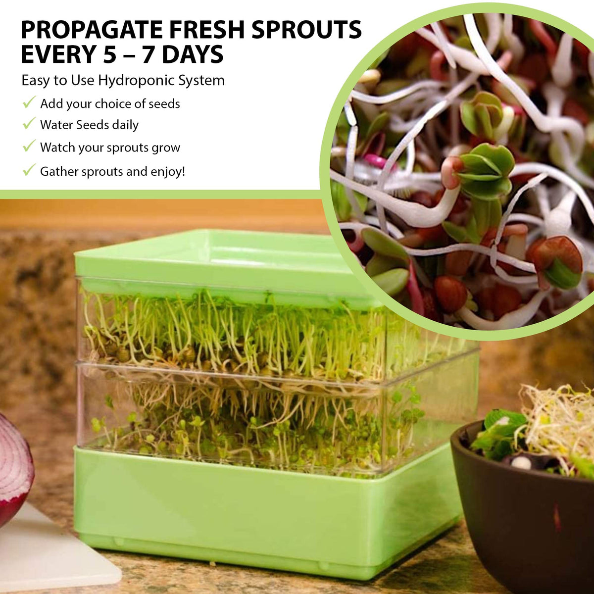 Gardens Alive! seed sprouter bottom drip tray keeps counters clean.