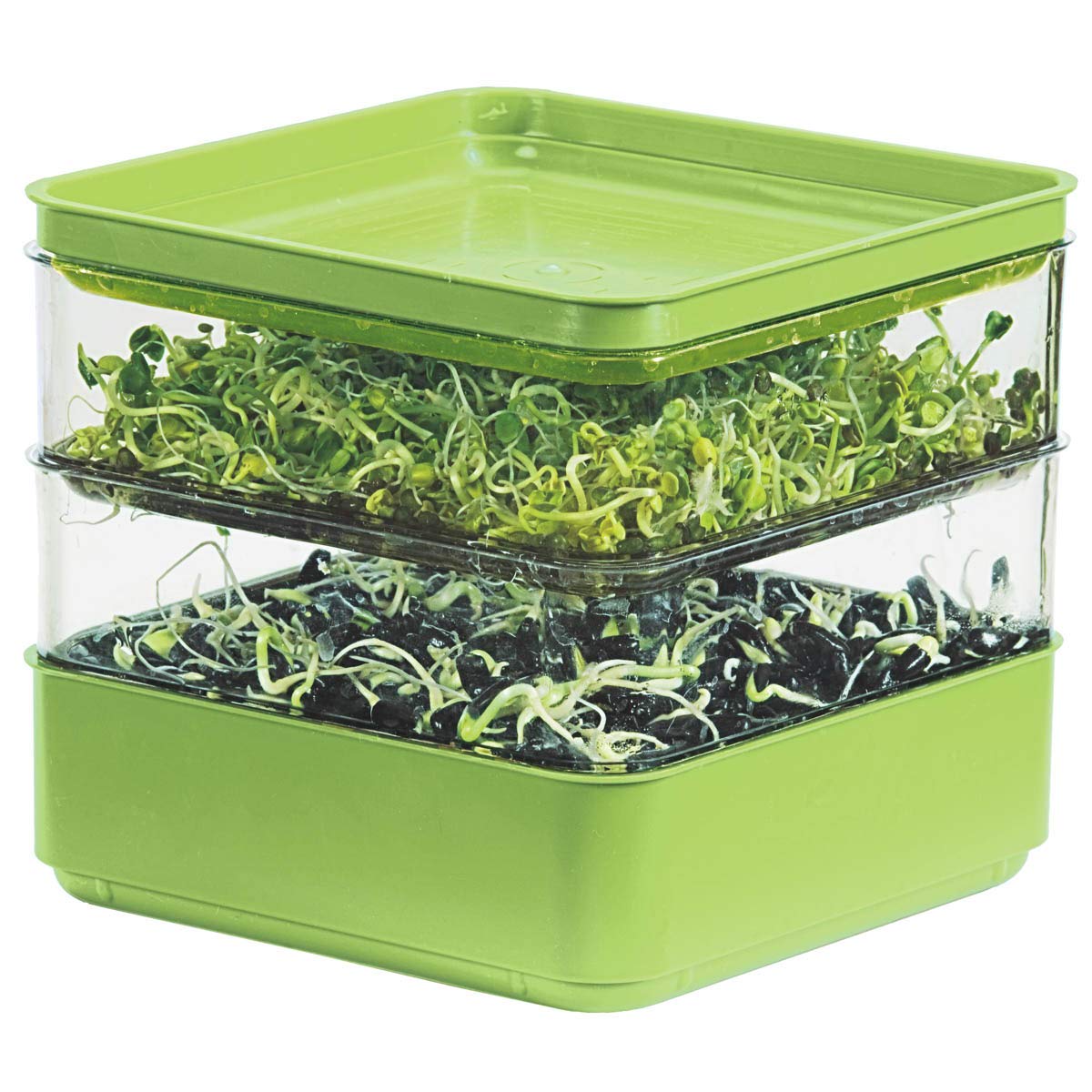 Gardens Alive! seed sprouter two-tier setup with clear trays for easy observation of sprouts.