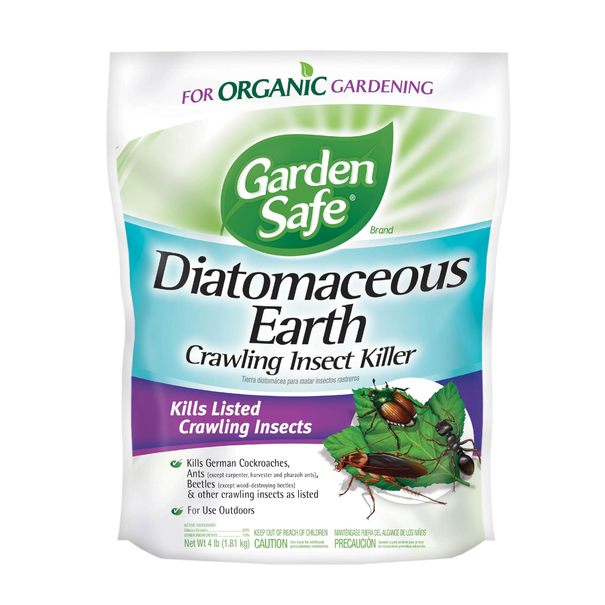 Garden Safe Diatomaceous Earth 4lb bag for organic crawling insect control.