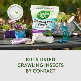 Garden Safe diatomaceous earth dust on plants showing contact action.