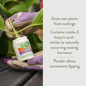 Garden Safe TakeRoot jar label shows ingredients and quick steps to root cuttings.