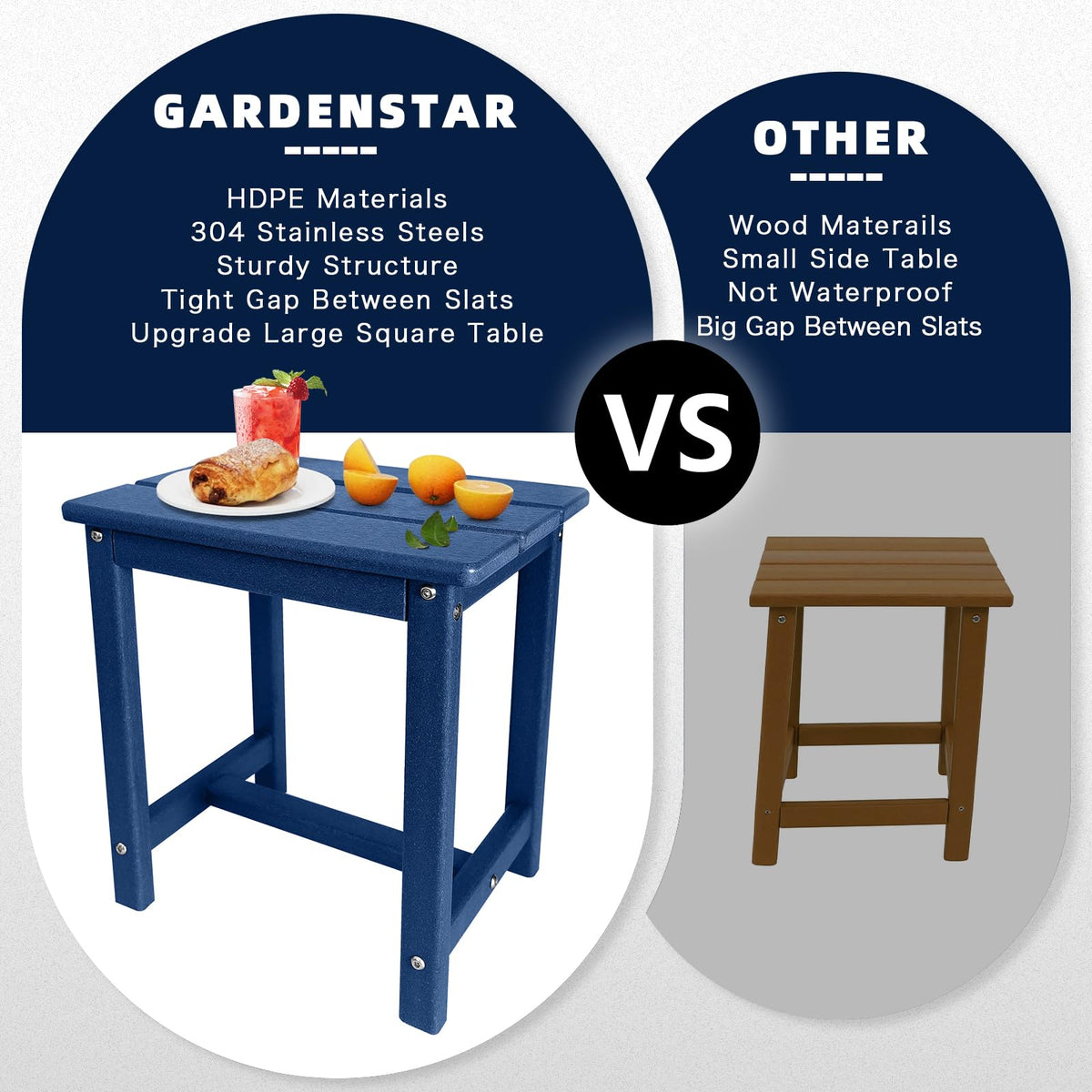 GARDENSTAR Adirondack Square Side Table compact dimensions fit small patios.