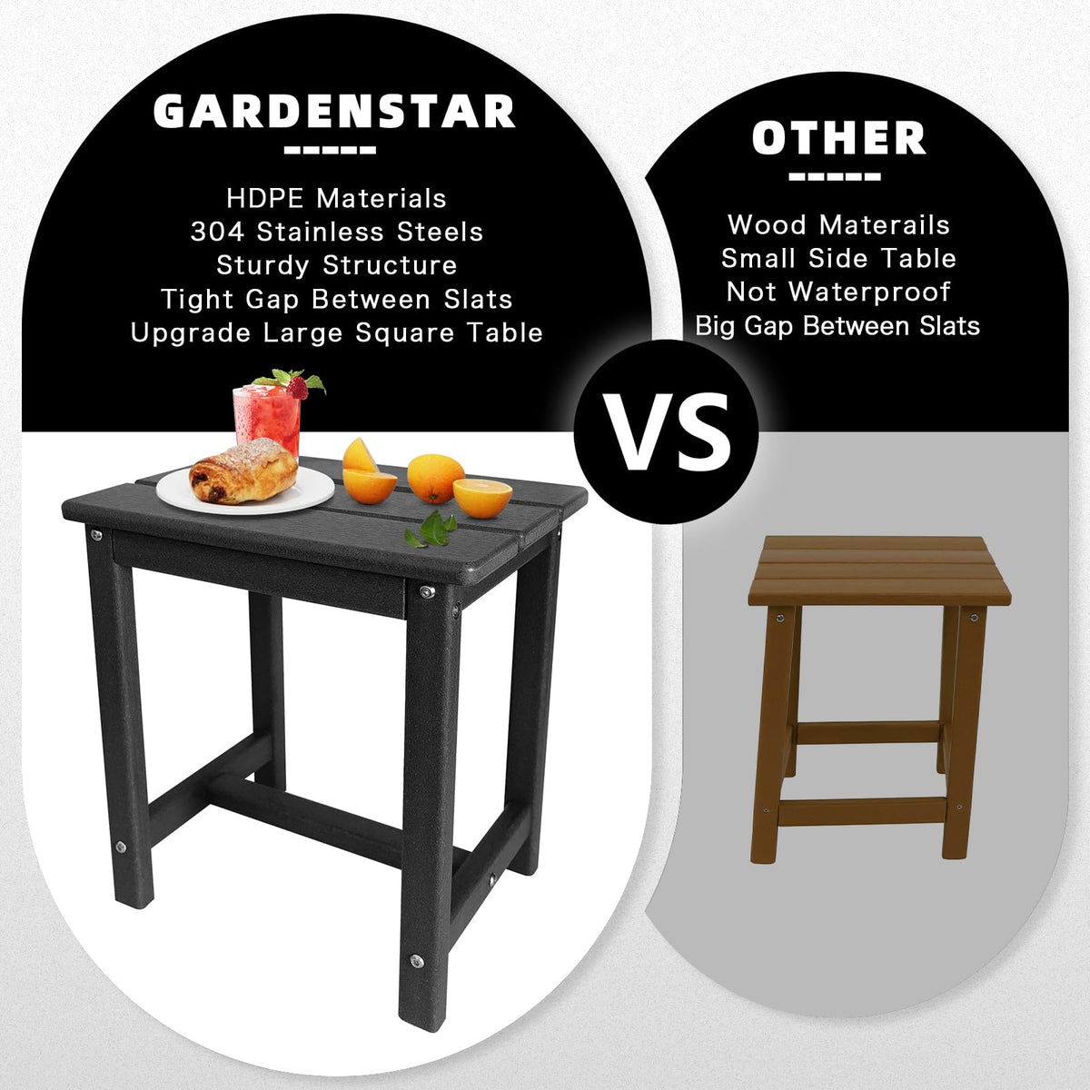 Gardenstar Adirondack Square Side Table compact dimensions fit balconies and smaller patios.
