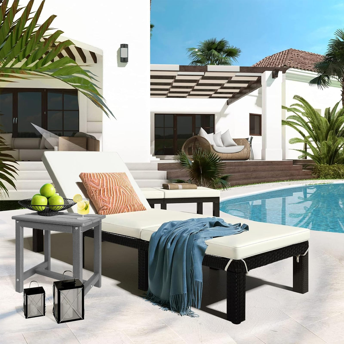 GardenSTAR grey table beside porch, ideal for sunlit chats and snacks.