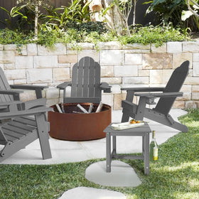 GardenSTAR grey Adirondack table complements poolside lounge for drinks and towels.