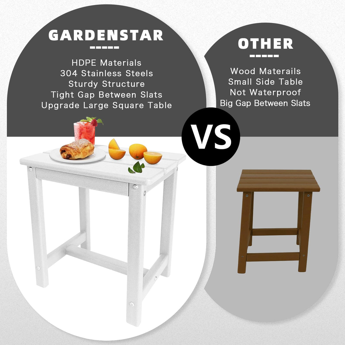 GARDENSTAR Adirondack square side table beside pool, holding drinks and sunscreen.