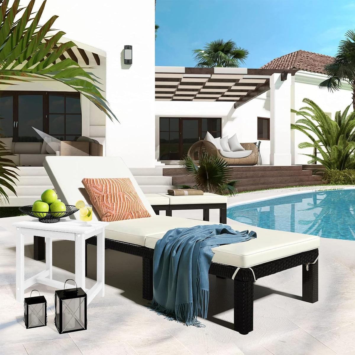 GARDENSTAR Adirondack square side table white front view beside lounge chair.
