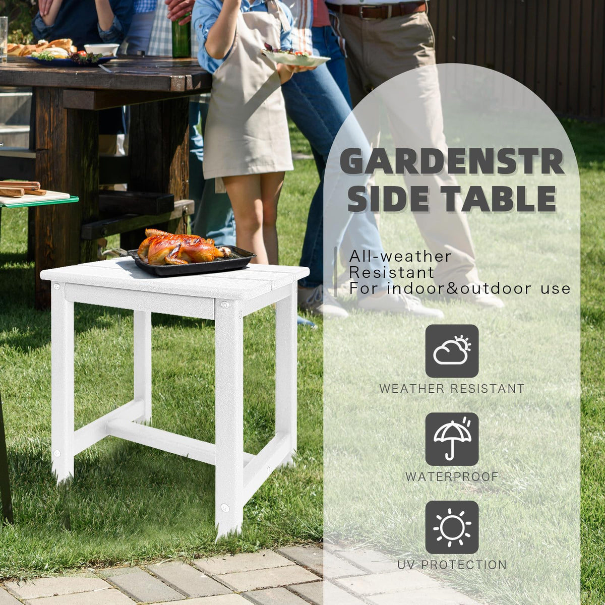 GARDENSTAR Adirondack square side table white side view emphasizing compact footprint.