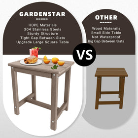 Gardenstar compact 16.14 x 16.54 x 11.81 inch table fits balcony and patio.
