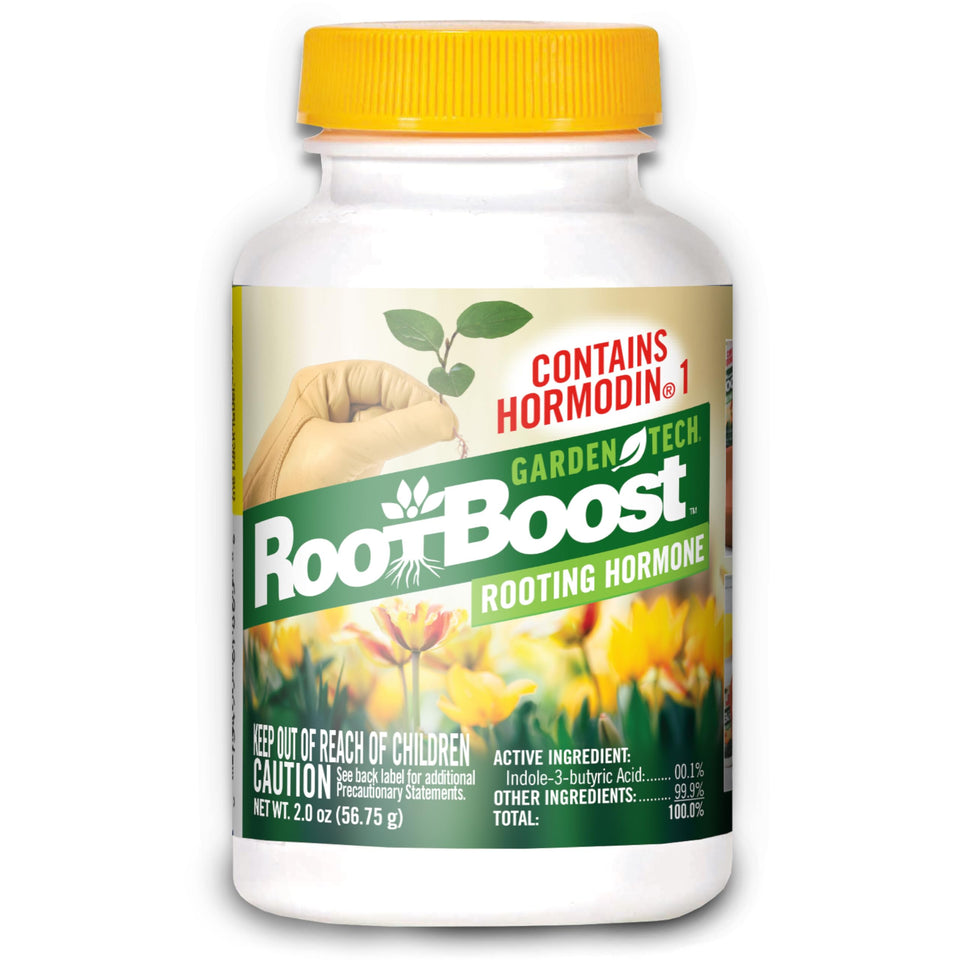 Gardentech RootBoost bottle close-up highlighting easy plant propagation.