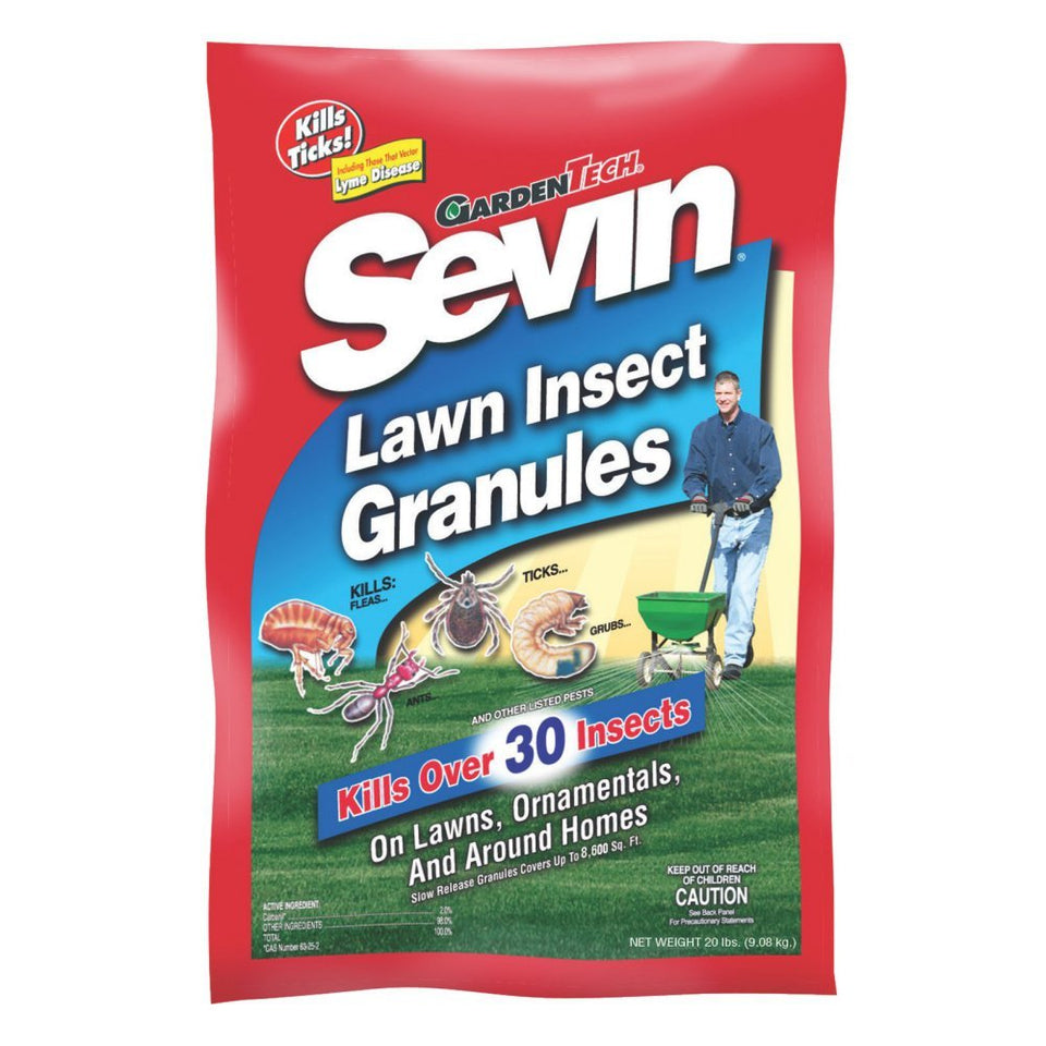 Gardentech Sevin lawn granules bag for broad pest protection around lawns and ornamentals.